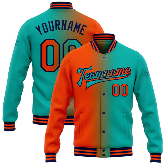 Custom Aqua Orange-Navy Bomber Full-Snap Varsity Letterman Gradient Fashion Jacket - Main View