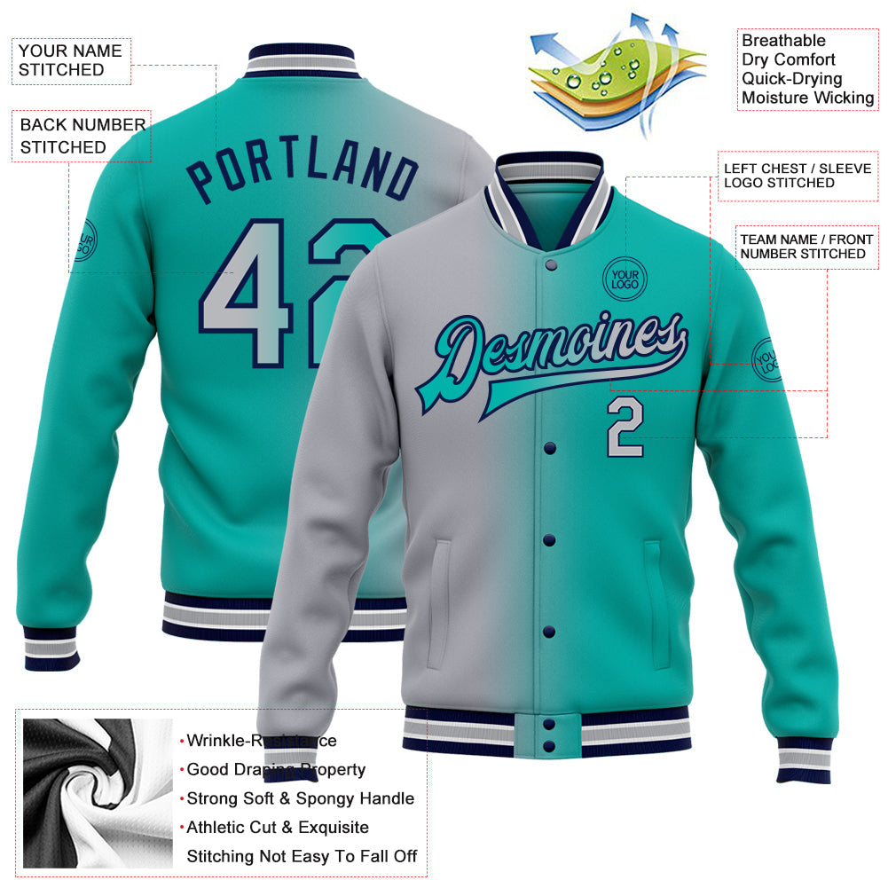 Custom Aqua Gray-Navy Bomber Full-Snap Varsity Letterman Gradient Fashion Jacket view 5
