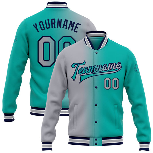 Custom Aqua Gray-Navy Bomber Full-Snap Varsity Letterman Gradient Fashion Jacket - Main View