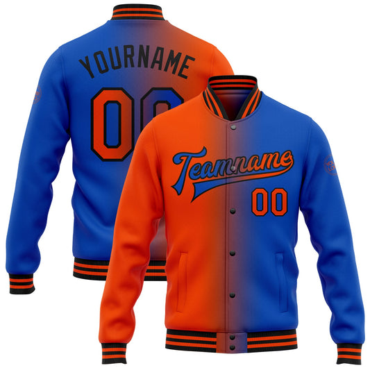 Custom Thunder Blue Orange-Black Bomber Full-Snap Varsity Letterman Gradient Fashion Jacket - Main View