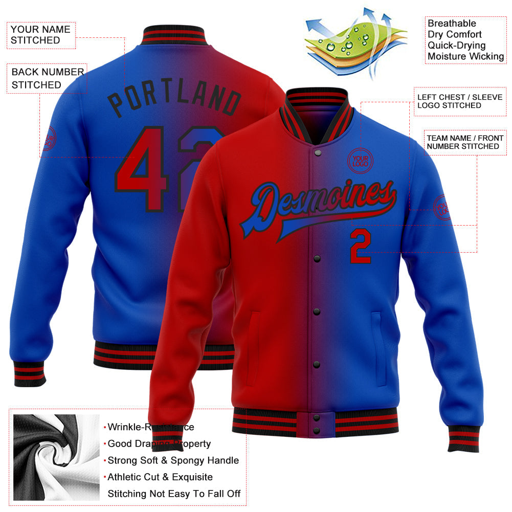 Custom Thunder Blue Red-Black Bomber Full-Snap Varsity Letterman Gradient Fashion Jacket view 5