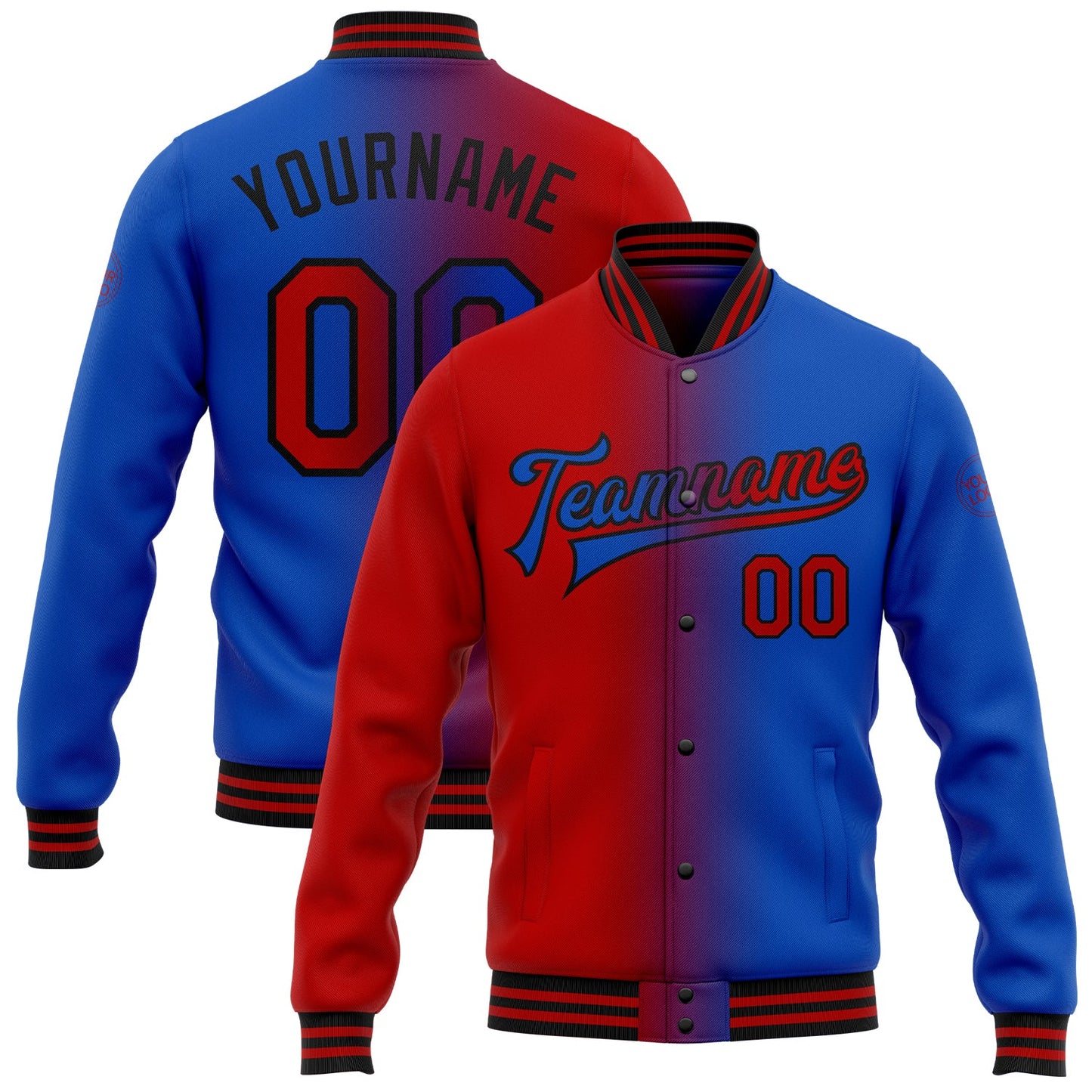 Custom Thunder Blue Red-Black Bomber Full-Snap Varsity Letterman Gradient Fashion Jacket - Main View