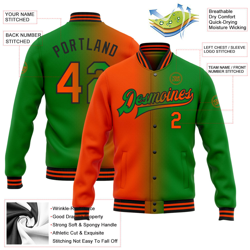 Custom Grass Green Orange-Black Bomber Full-Snap Varsity Letterman Gradient Fashion Jacket view 5