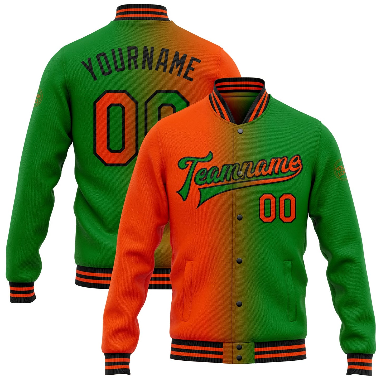 Custom Grass Green Orange-Black Bomber Full-Snap Varsity Letterman Gradient Fashion Jacket - Main View