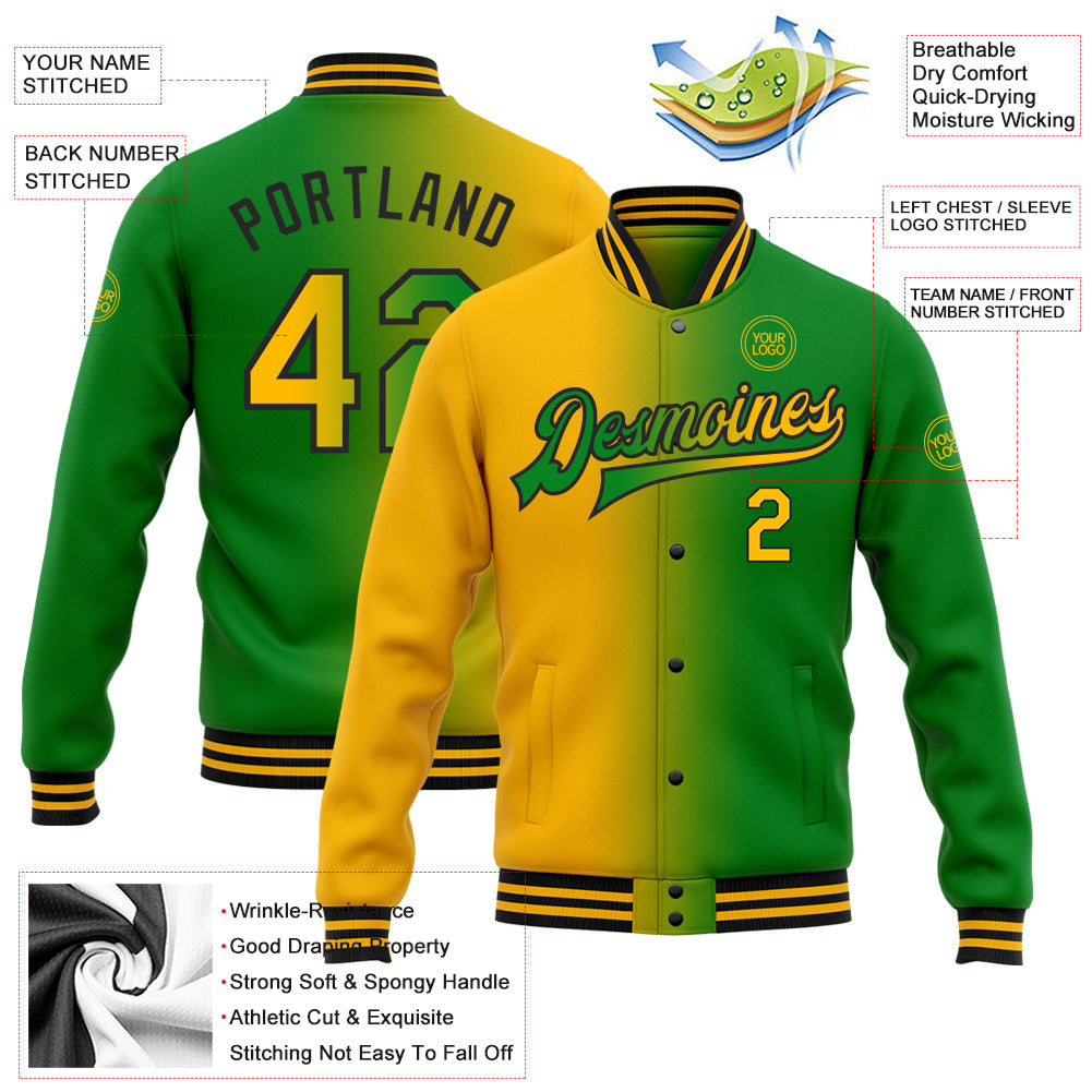 Custom Grass Green Gold-Black Bomber Full-Snap Varsity Letterman Gradient Fashion Jacket view 5