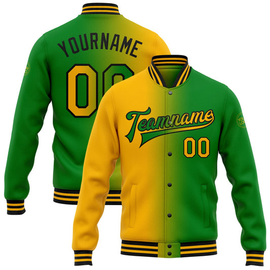 Custom Grass Green Gold-Black Bomber Full-Snap Varsity Letterman Gradient Fashion Jacket - Main View