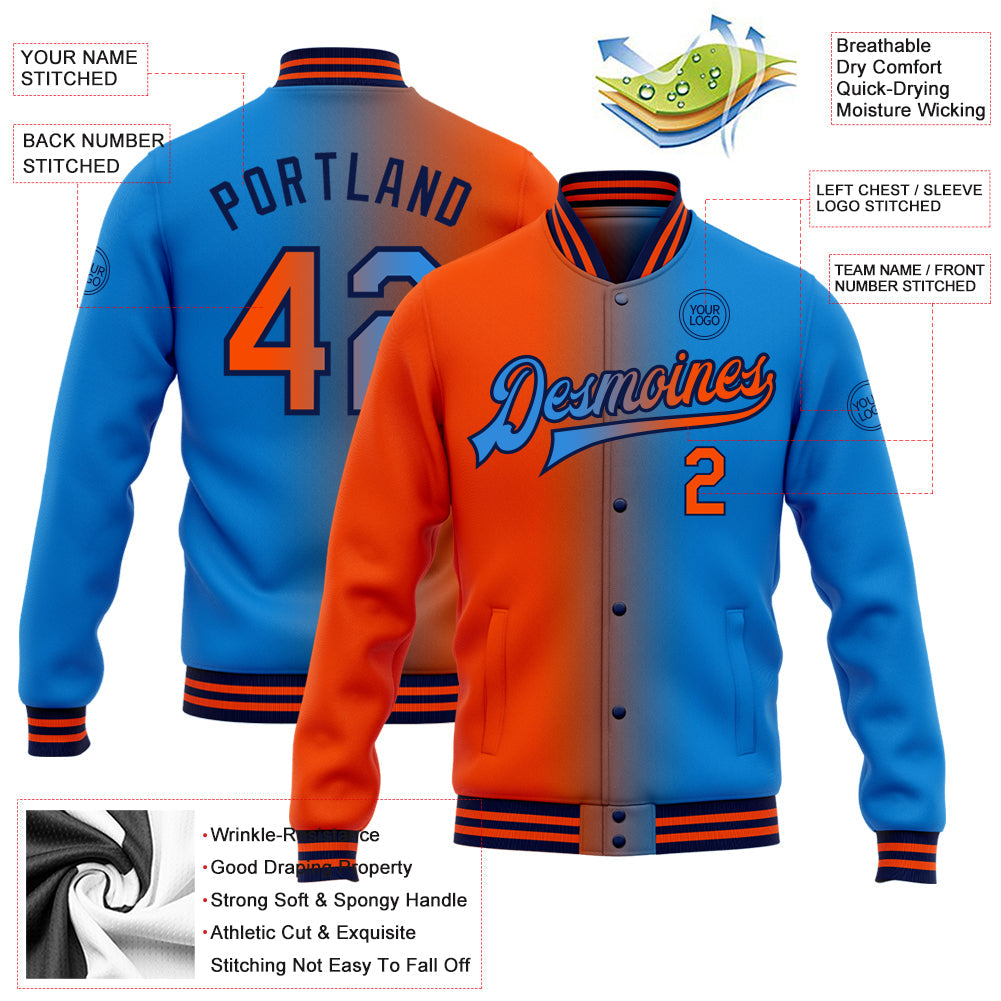 Custom Powder Blue Orange-Navy Bomber Full-Snap Varsity Letterman Gradient Fashion Jacket view 5