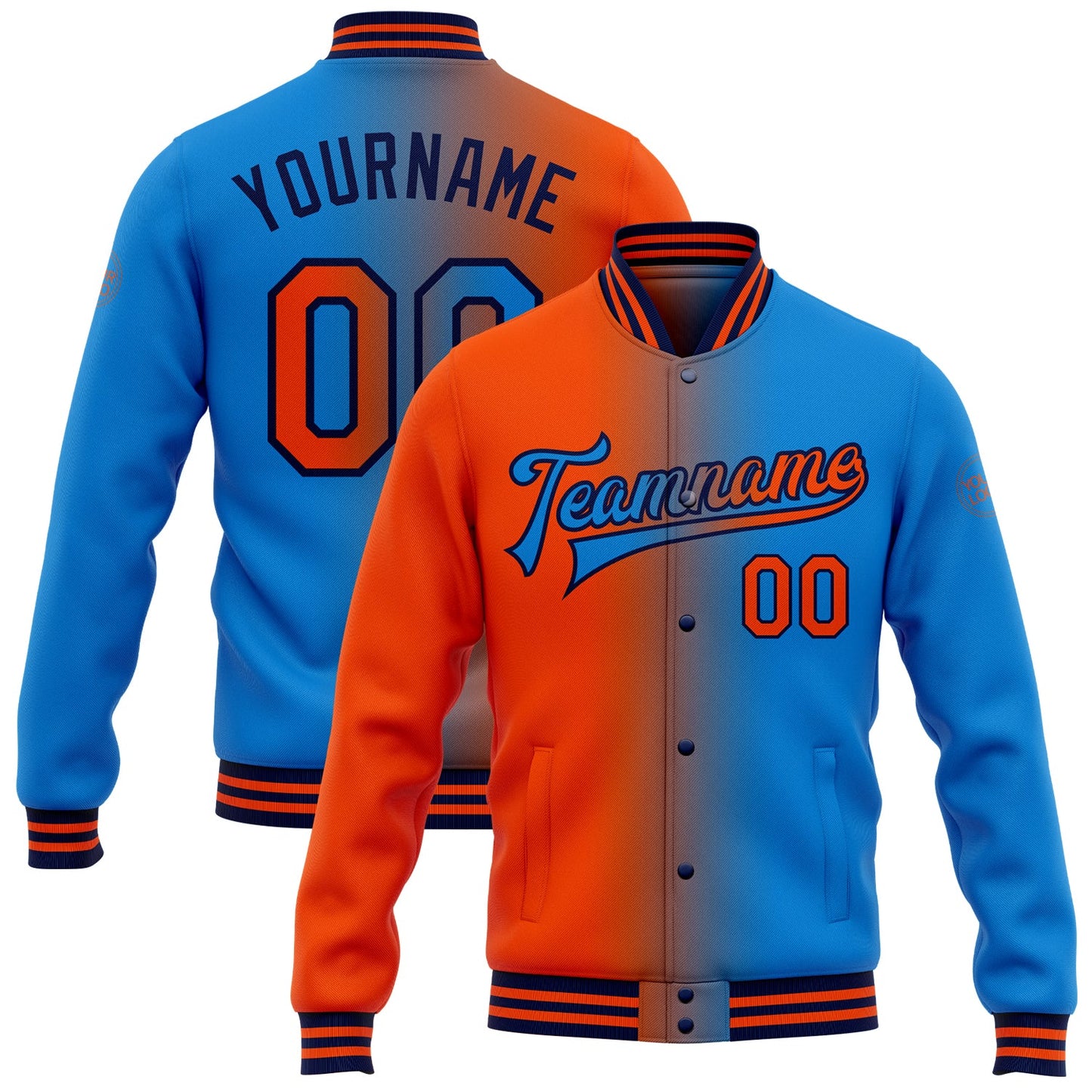 Custom Powder Blue Orange-Navy Bomber Full-Snap Varsity Letterman Gradient Fashion Jacket - Main View