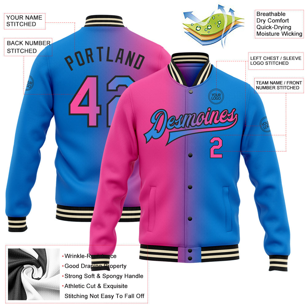 Custom Powder Blue Pink-Black Bomber Full-Snap Varsity Letterman Gradient Fashion Jacket view 5