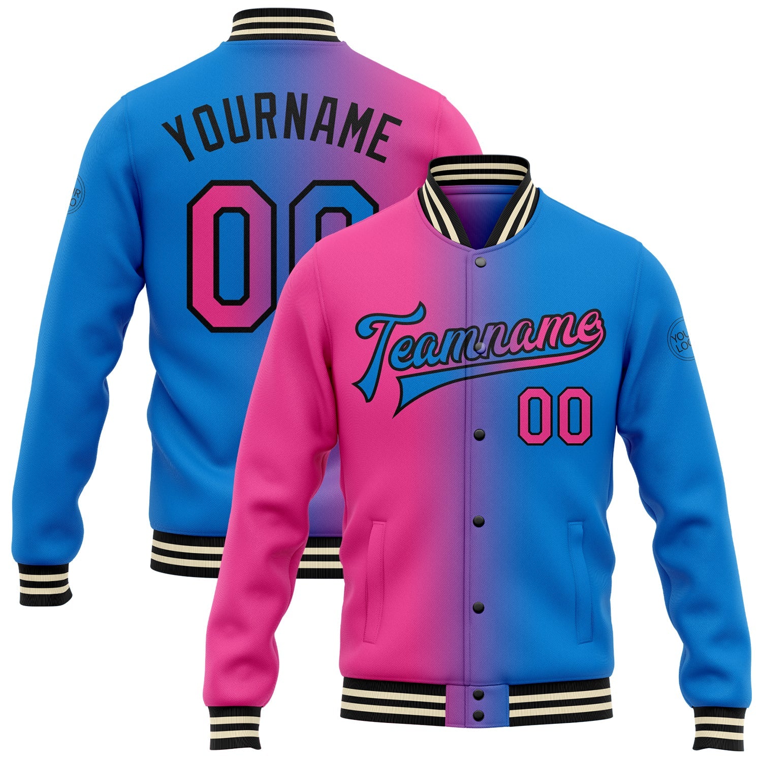 Custom Powder Blue Pink-Black Bomber Full-Snap Varsity Letterman Gradient Fashion Jacket - Main View