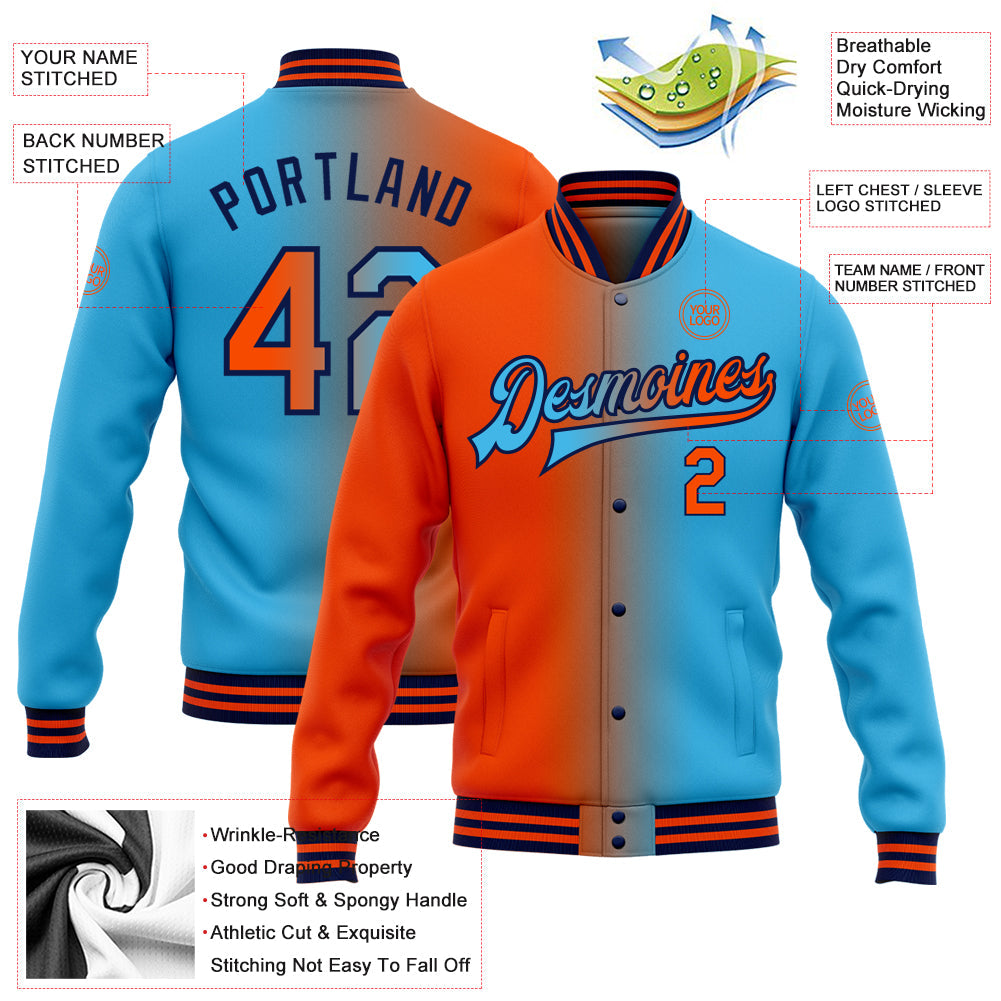 Custom Sky Blue Orange-Navy Bomber Full-Snap Varsity Letterman Gradient Fashion Jacket view 5