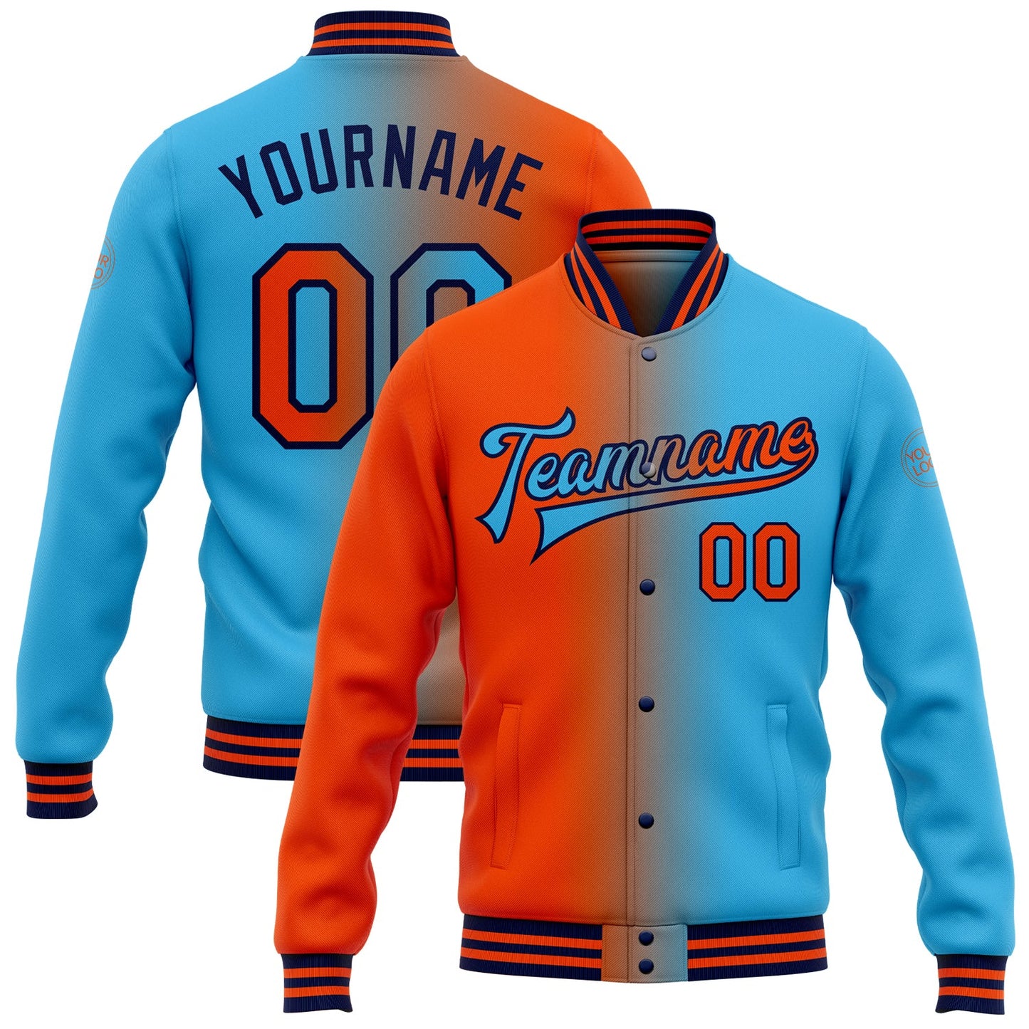 Custom Sky Blue Orange-Navy Bomber Full-Snap Varsity Letterman Gradient Fashion Jacket - Main View