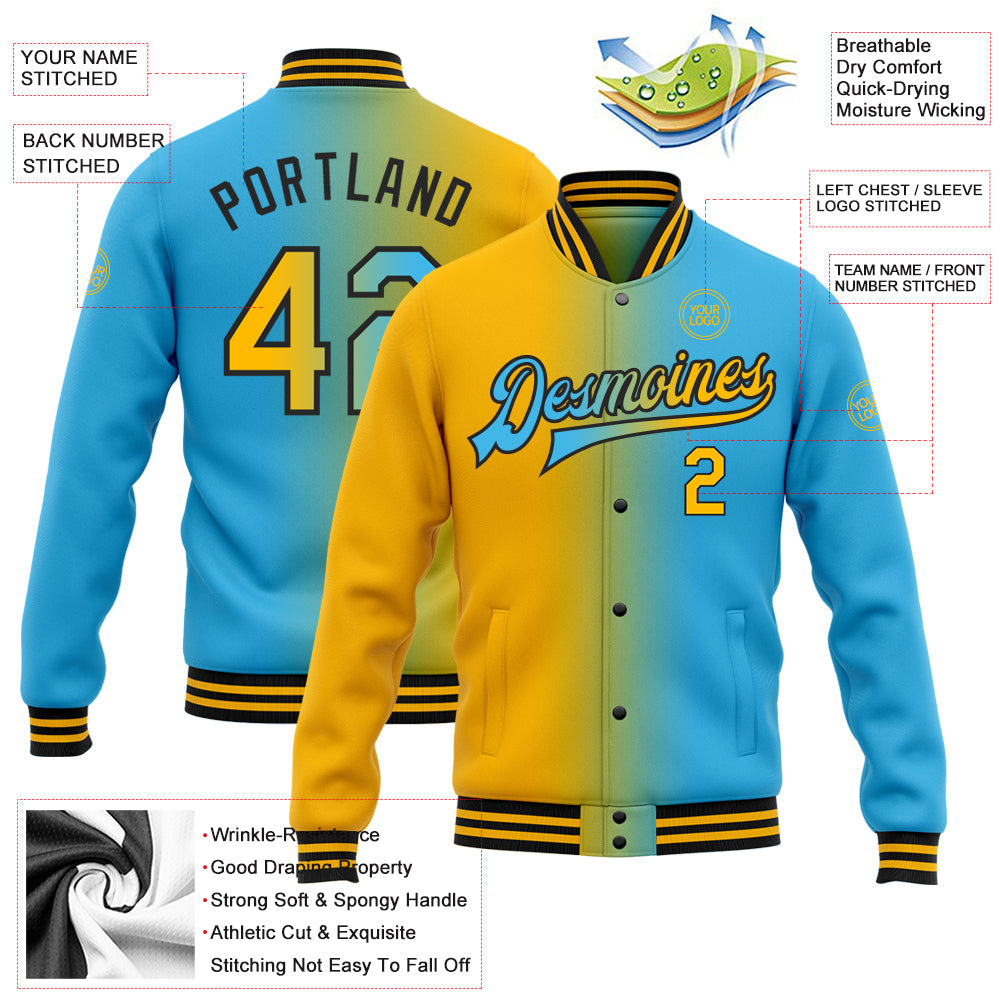 Custom Sky Blue Gold-Black Bomber Full-Snap Varsity Letterman Gradient Fashion Jacket view 5