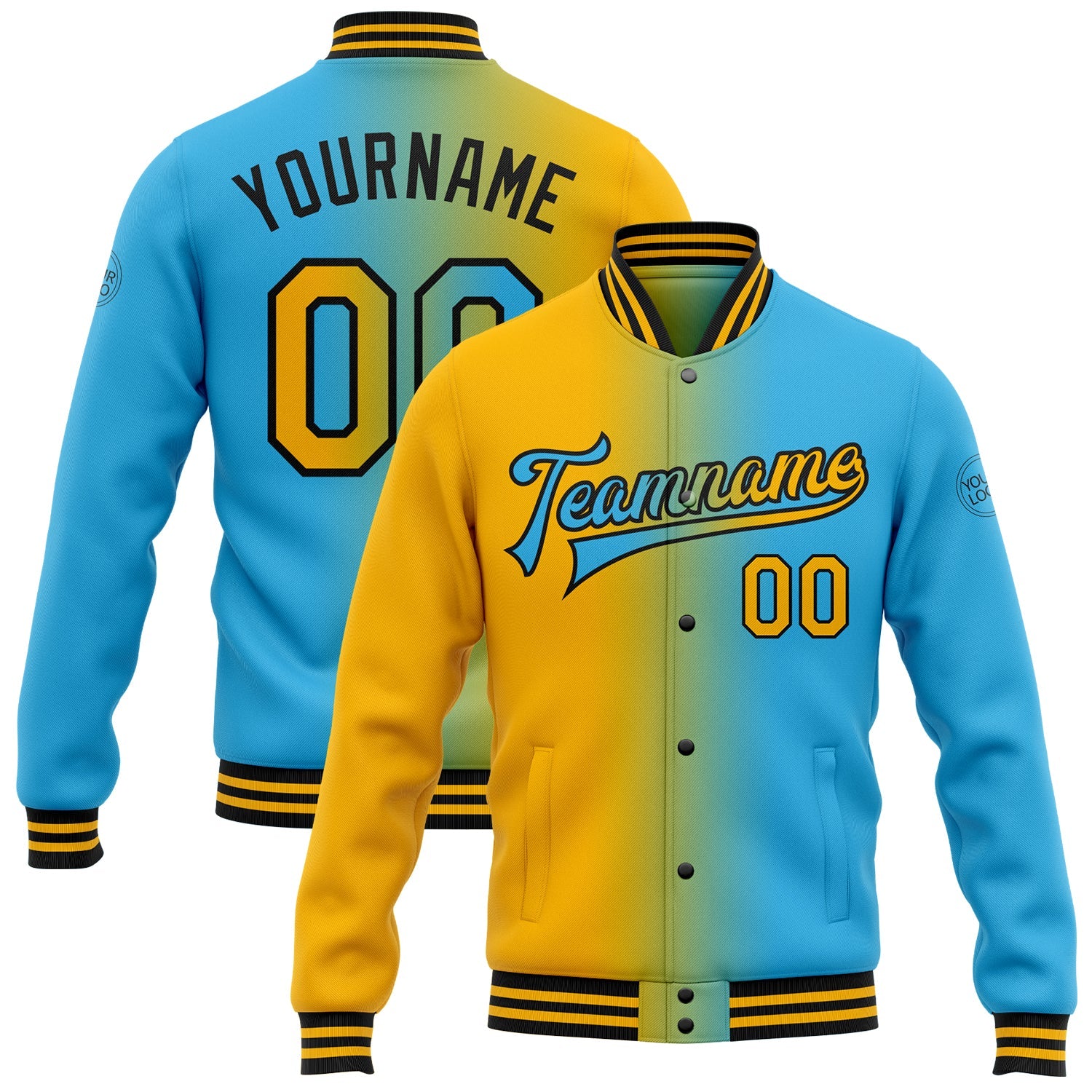Custom Sky Blue Gold-Black Bomber Full-Snap Varsity Letterman Gradient Fashion Jacket - Main View
