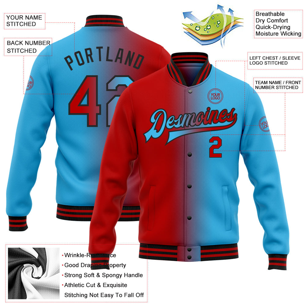 Custom Sky Blue Red-Black Bomber Full-Snap Varsity Letterman Gradient Fashion Jacket view 5