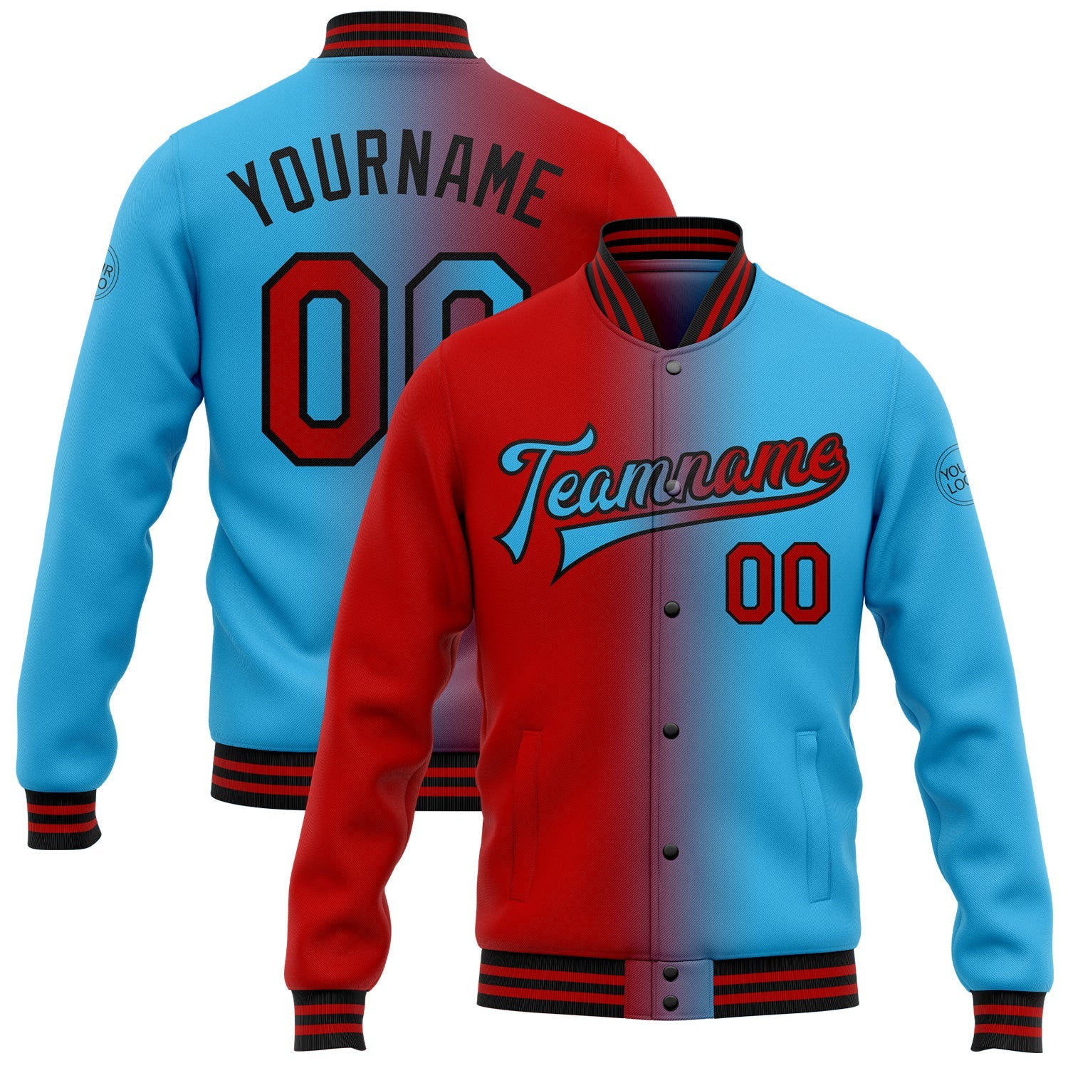 Custom Sky Blue Red-Black Bomber Full-Snap Varsity Letterman Gradient Fashion Jacket - Main View