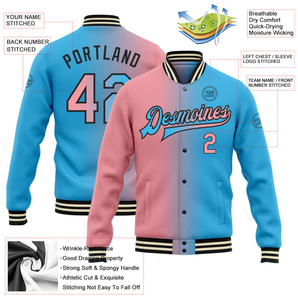 Custom Sky Blue Medium Pink-Black Bomber Full-Snap Varsity Letterman Gradient Fashion Jacket view 5