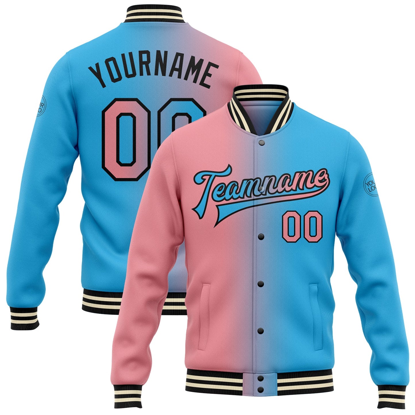 Custom Sky Blue Medium Pink-Black Bomber Full-Snap Varsity Letterman Gradient Fashion Jacket - Main View