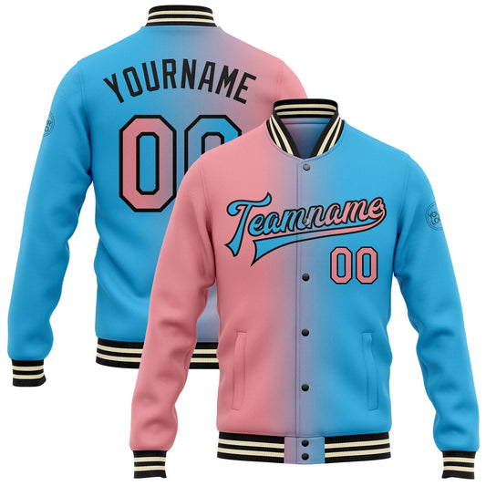 Custom Sky Blue Medium Pink-Black Bomber Full-Snap Varsity Letterman Gradient Fashion Jacket - Main View