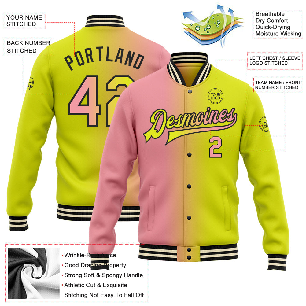 Custom Neon Yellow Medium Pink-Black Bomber Full-Snap Varsity Letterman Gradient Fashion Jacket view 5