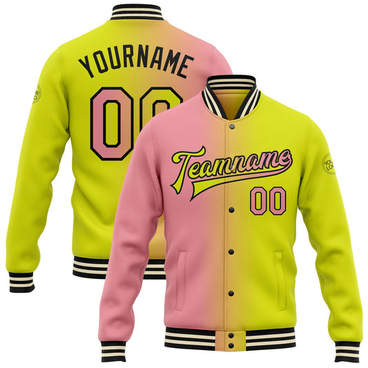 Custom Neon Yellow Medium Pink-Black Bomber Full-Snap Varsity Letterman Gradient Fashion Jacket - Main View