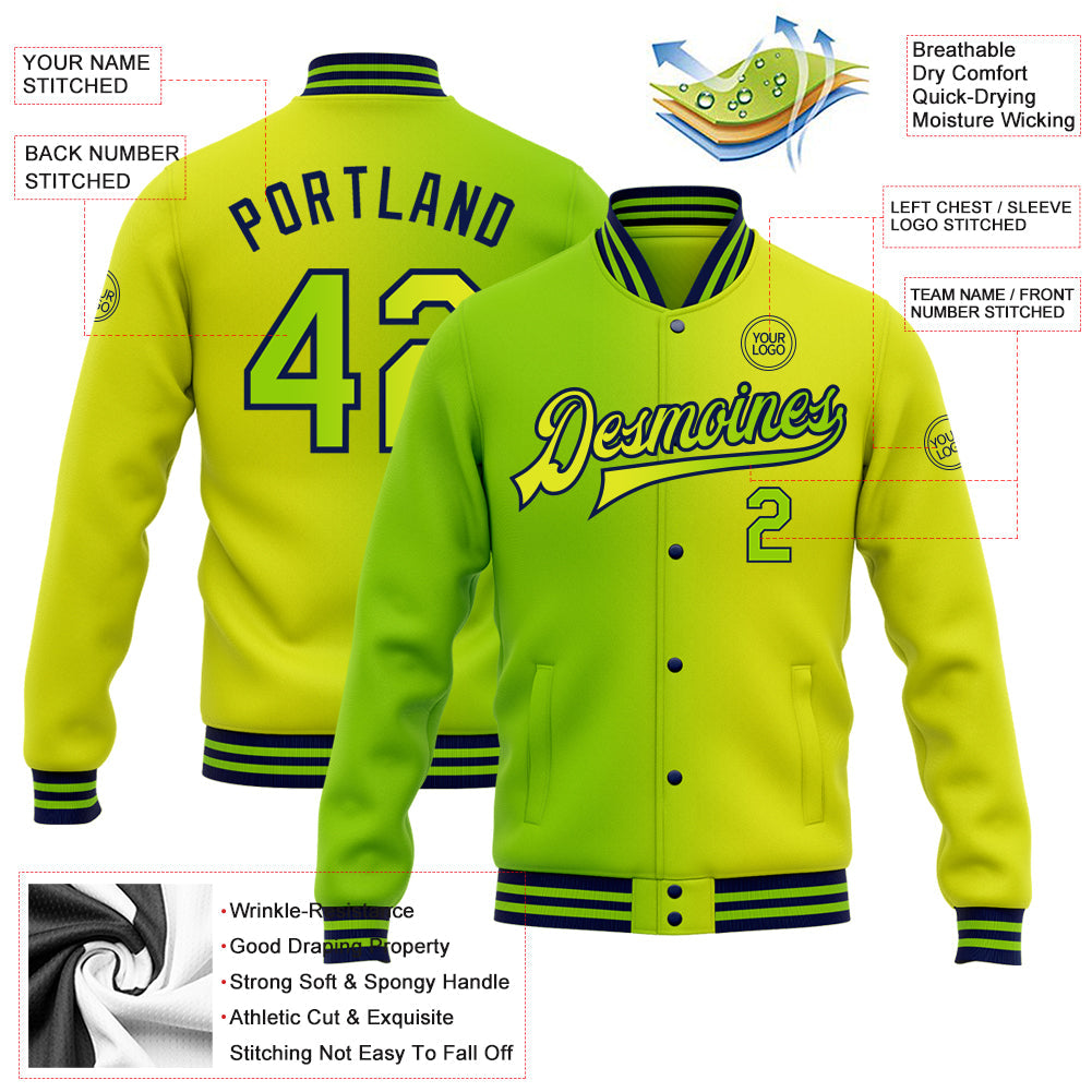 Custom Neon Yellow Neon Green-Navy Bomber Full-Snap Varsity Letterman Gradient Fashion Jacket view 5