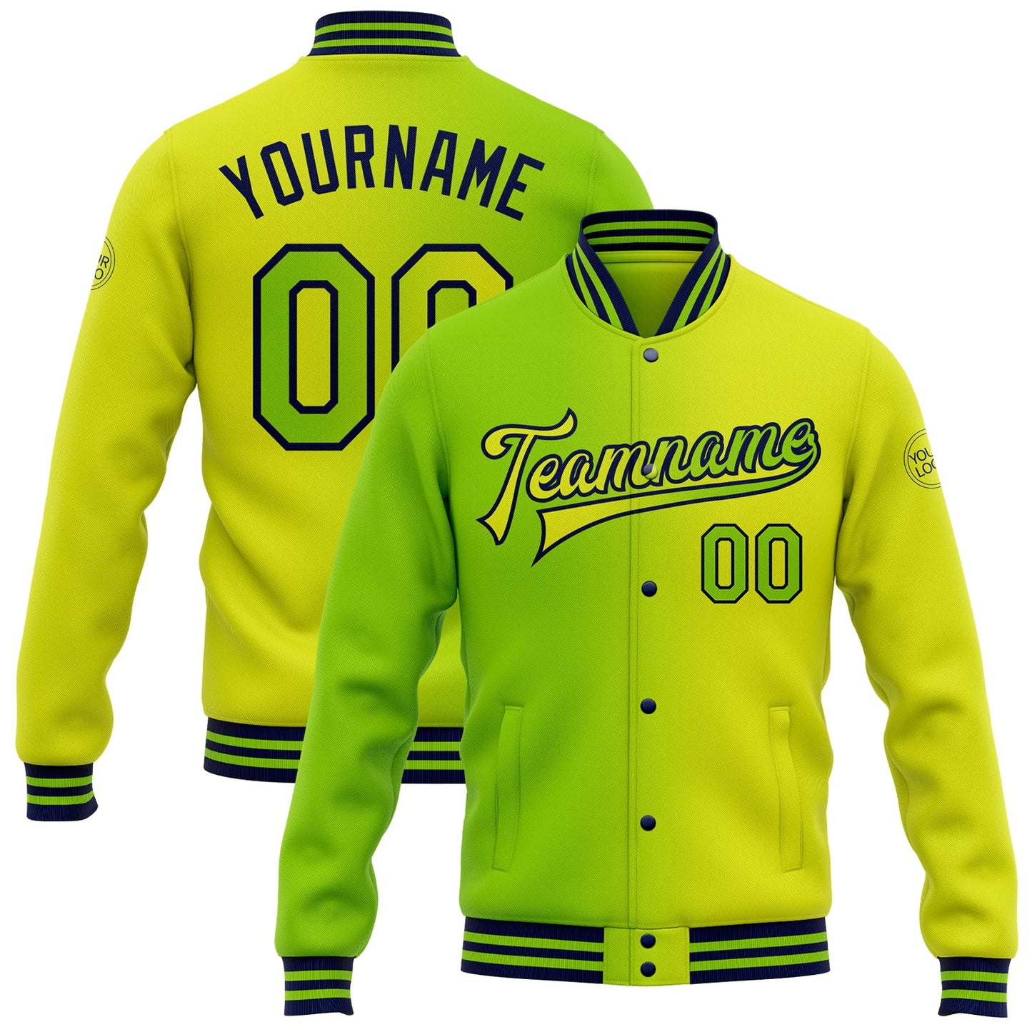 Custom Neon Yellow Neon Green-Navy Bomber Full-Snap Varsity Letterman Gradient Fashion Jacket - Main View