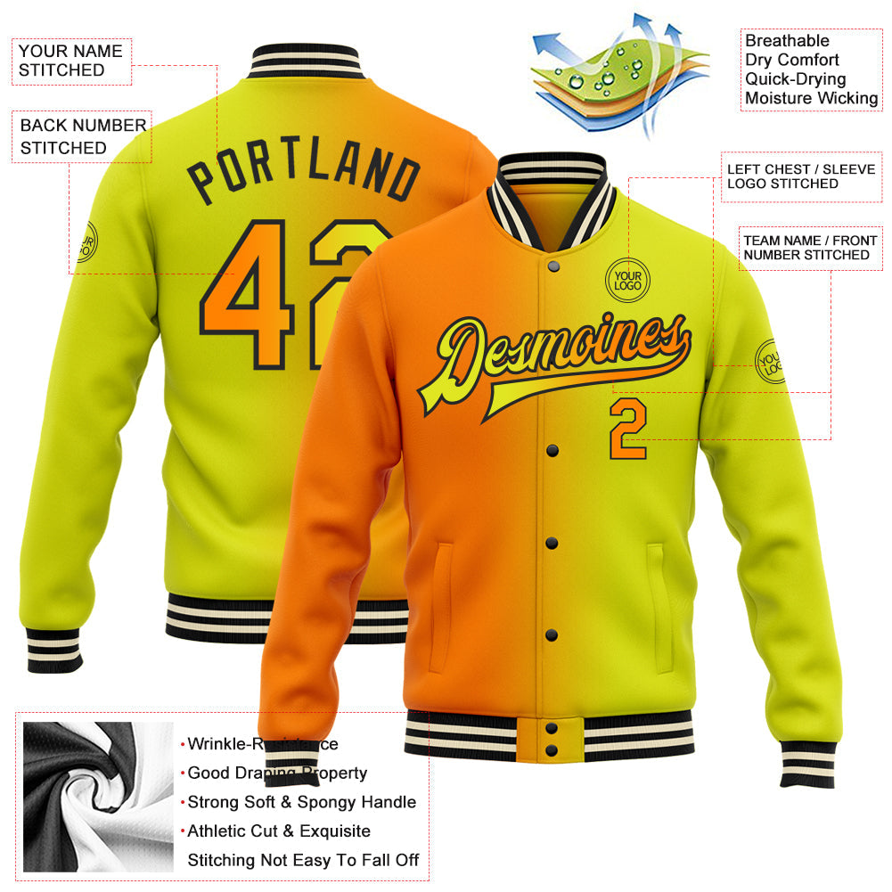 Custom Neon Yellow Bay Orange-Black Bomber Full-Snap Varsity Letterman Gradient Fashion Jacket view 5