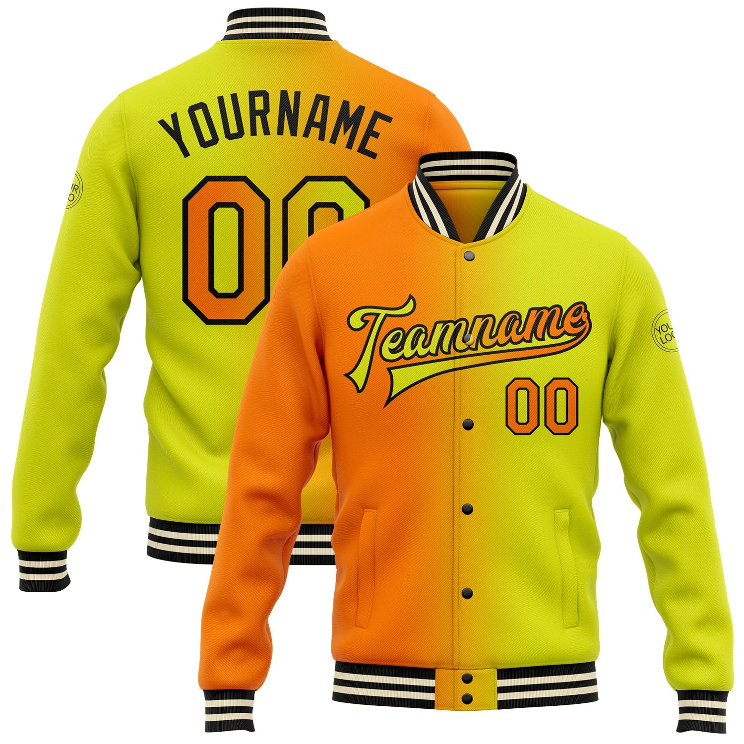 Custom Neon Yellow Bay Orange-Black Bomber Full-Snap Varsity Letterman Gradient Fashion Jacket - Main View