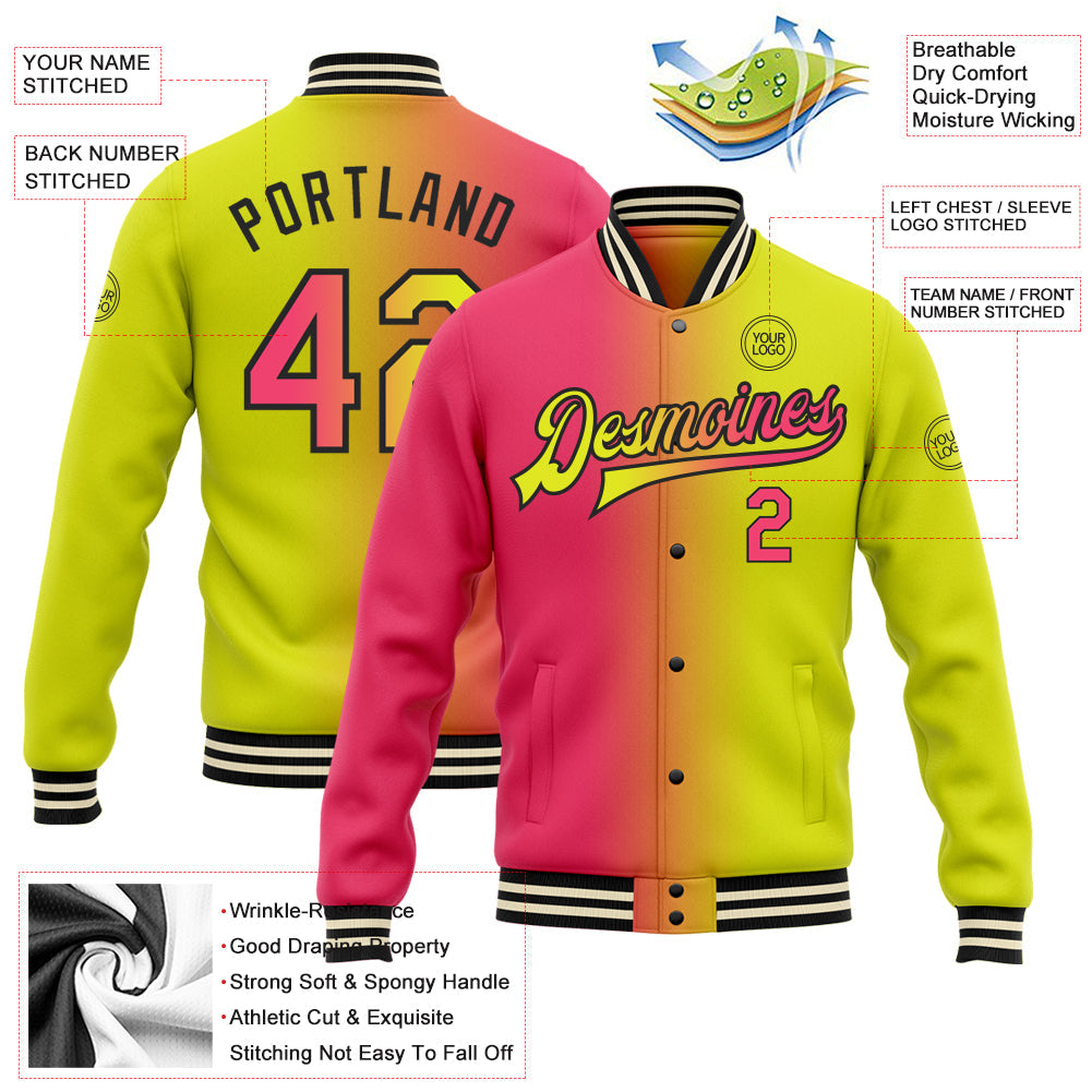 Custom Neon Yellow Neon Pink-Black Bomber Full-Snap Varsity Letterman Gradient Fashion Jacket view 5