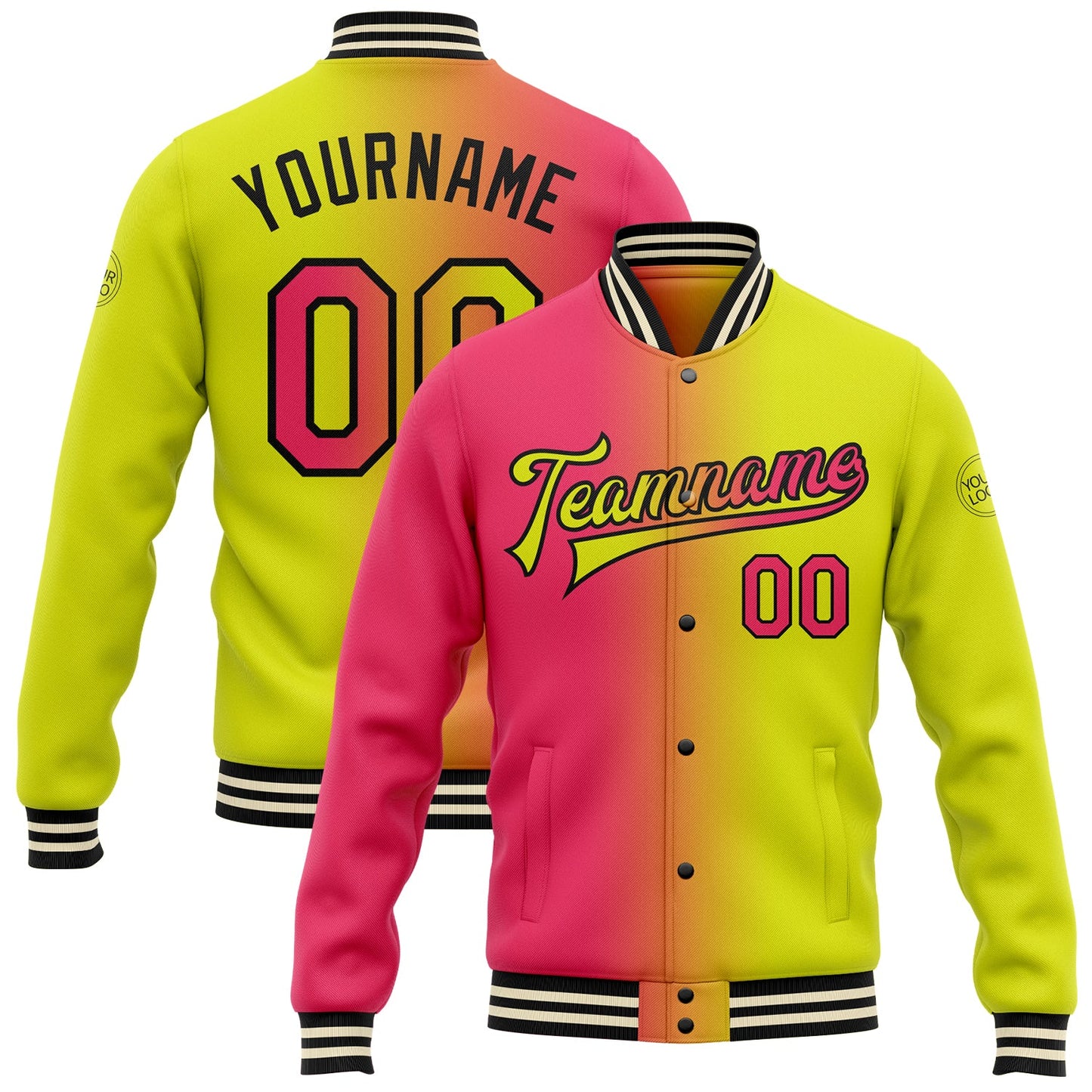 Custom Neon Yellow Neon Pink-Black Bomber Full-Snap Varsity Letterman Gradient Fashion Jacket - Main View