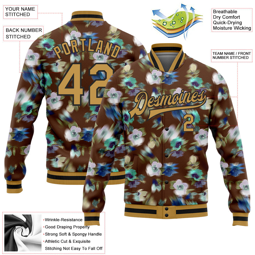 Custom Brown Old Gold-Black Fuzzy Flower Art 3D Pattern Design Bomber Full-Snap Varsity Letterman Jacket view 5