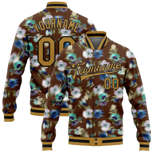 Custom Brown Old Gold-Black Fuzzy Flower Art 3D Pattern Design Bomber Full-Snap Varsity Letterman Jacket - Main View