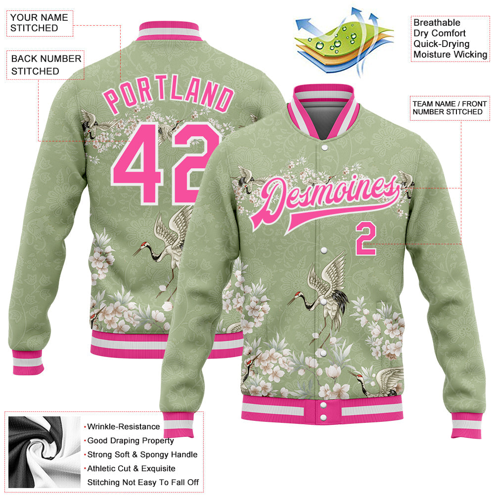 Custom Green Pink-White Flower And Crane 3D Pattern Design Bomber Full-Snap Varsity Letterman Jacket view 5
