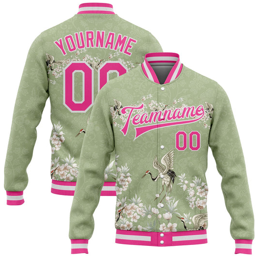 Custom Green Pink-White Flower And Crane 3D Pattern Design Bomber Full-Snap Varsity Letterman Jacket - Main View