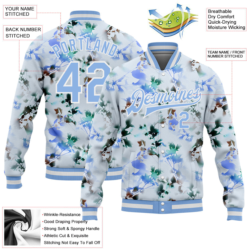 Custom White Light Blue Branches And Leaves 3D Pattern Design Bomber Full-Snap Varsity Letterman Jacket view 5