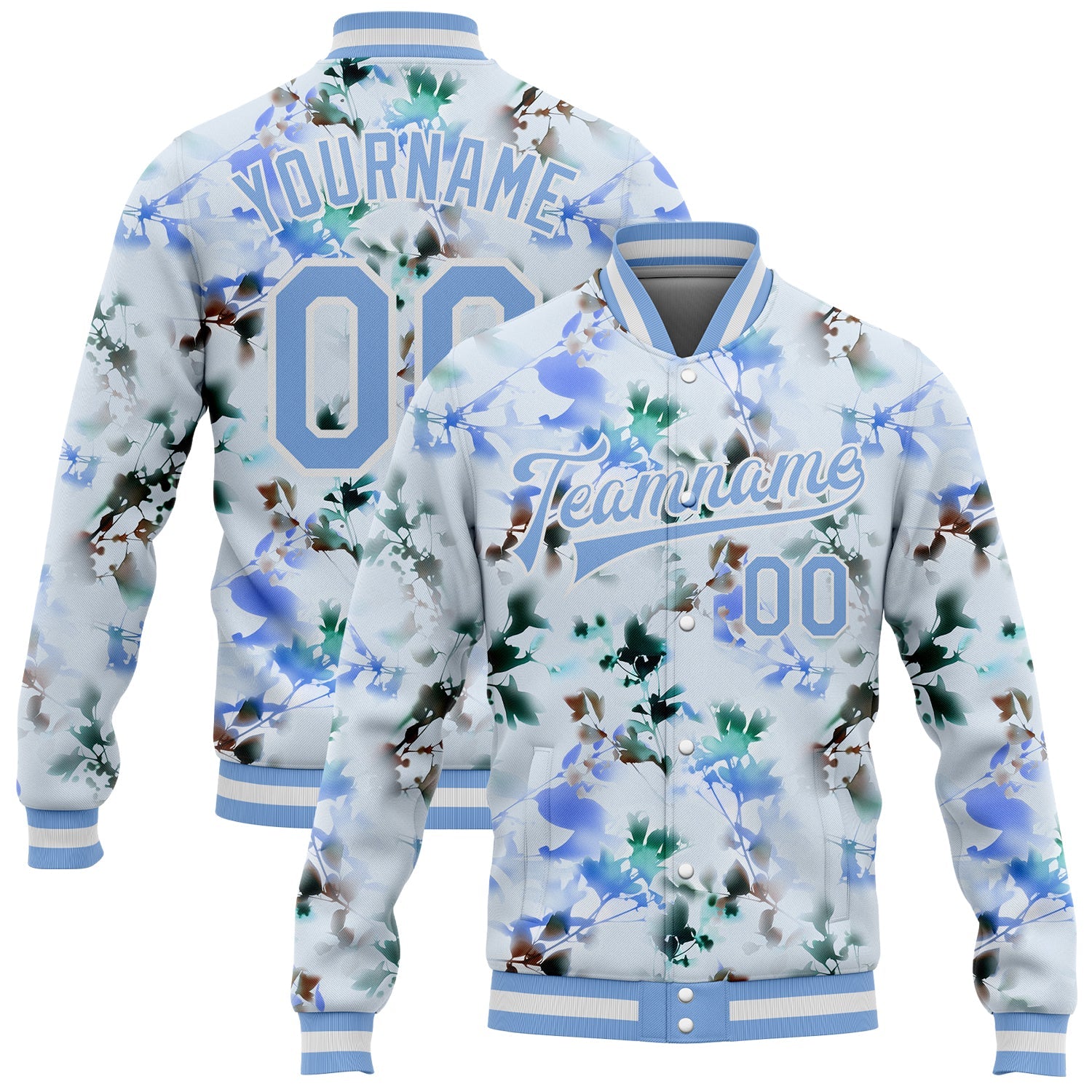 Custom White Light Blue Branches And Leaves 3D Pattern Design Bomber Full-Snap Varsity Letterman Jacket - Main View