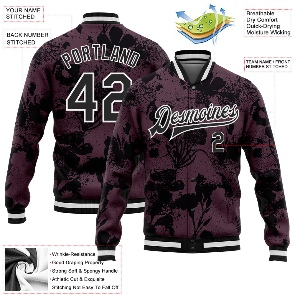 Custom Burgundy Black-White Plant And Flower 3D Pattern Design Bomber Full-Snap Varsity Letterman Jacket view 5