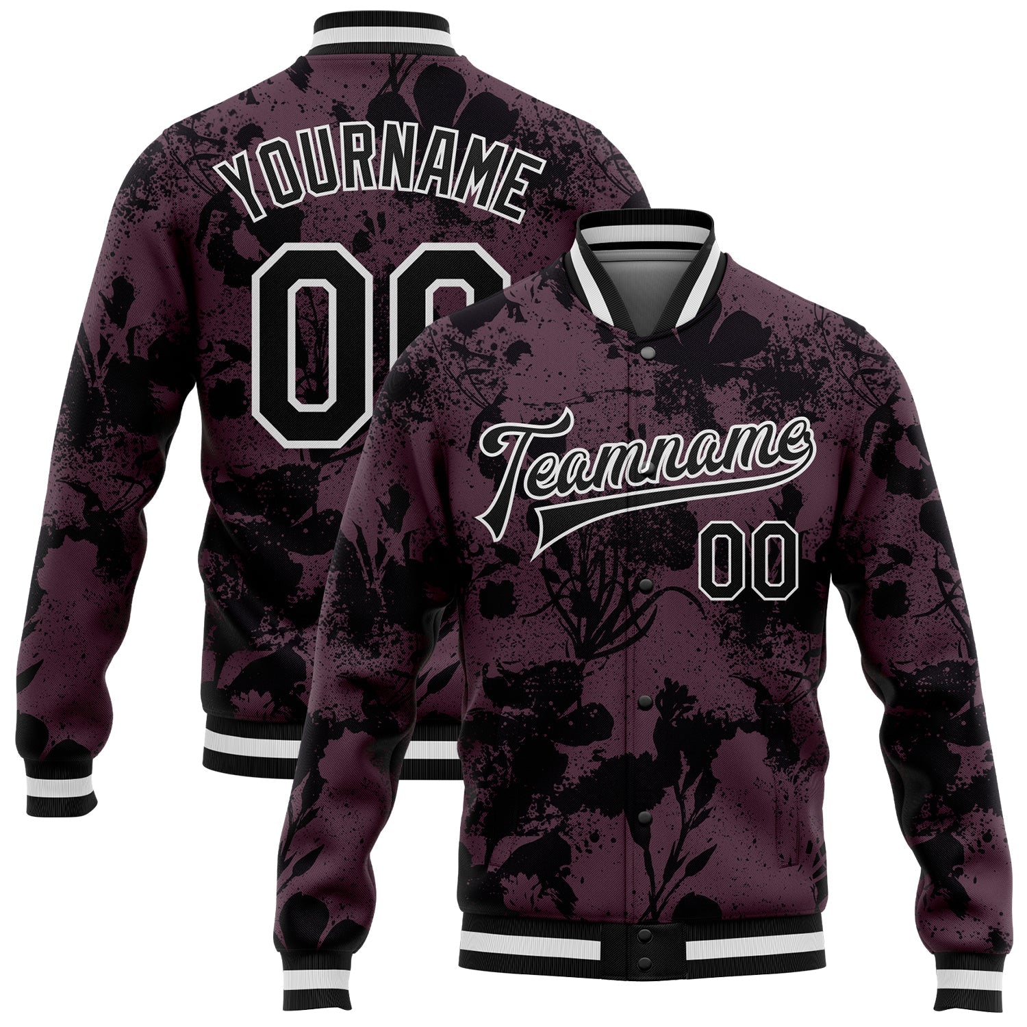 Custom Burgundy Black-White Plant And Flower 3D Pattern Design Bomber Full-Snap Varsity Letterman Jacket - Main View