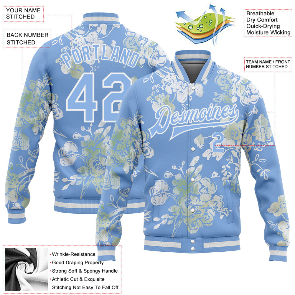 Custom Light Blue White Plant And Flower 3D Pattern Design Bomber Full-Snap Varsity Letterman Jacket view 5