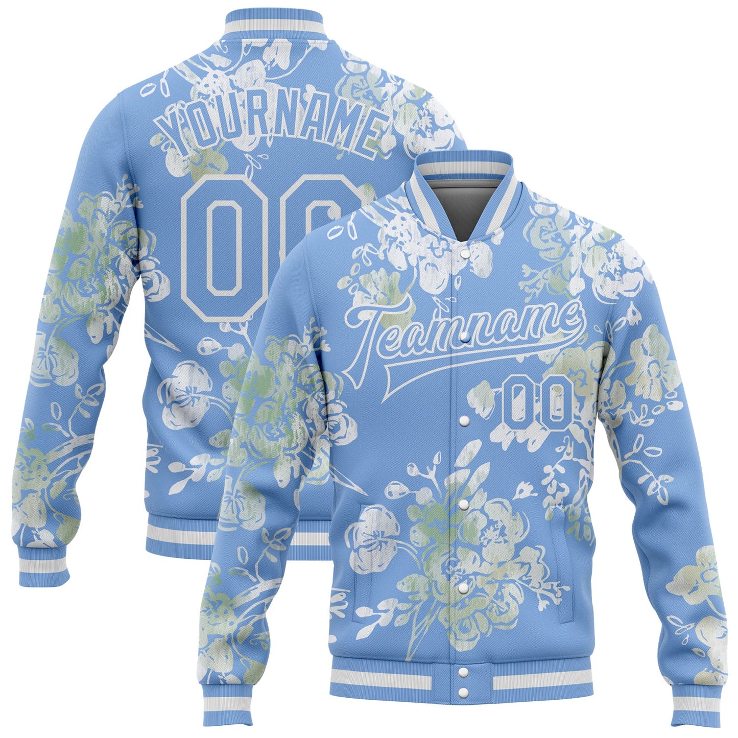 Custom Light Blue White Plant And Flower 3D Pattern Design Bomber Full-Snap Varsity Letterman Jacket - Main View