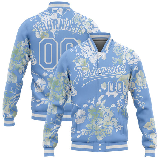 Custom Light Blue White Plant And Flower 3D Pattern Design Bomber Full-Snap Varsity Letterman Jacket - Main View