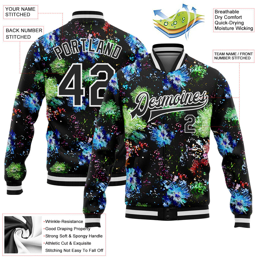 Custom Black White Glitter Bloom 3D Pattern Design Bomber Full-Snap Varsity Letterman Jacket view 5