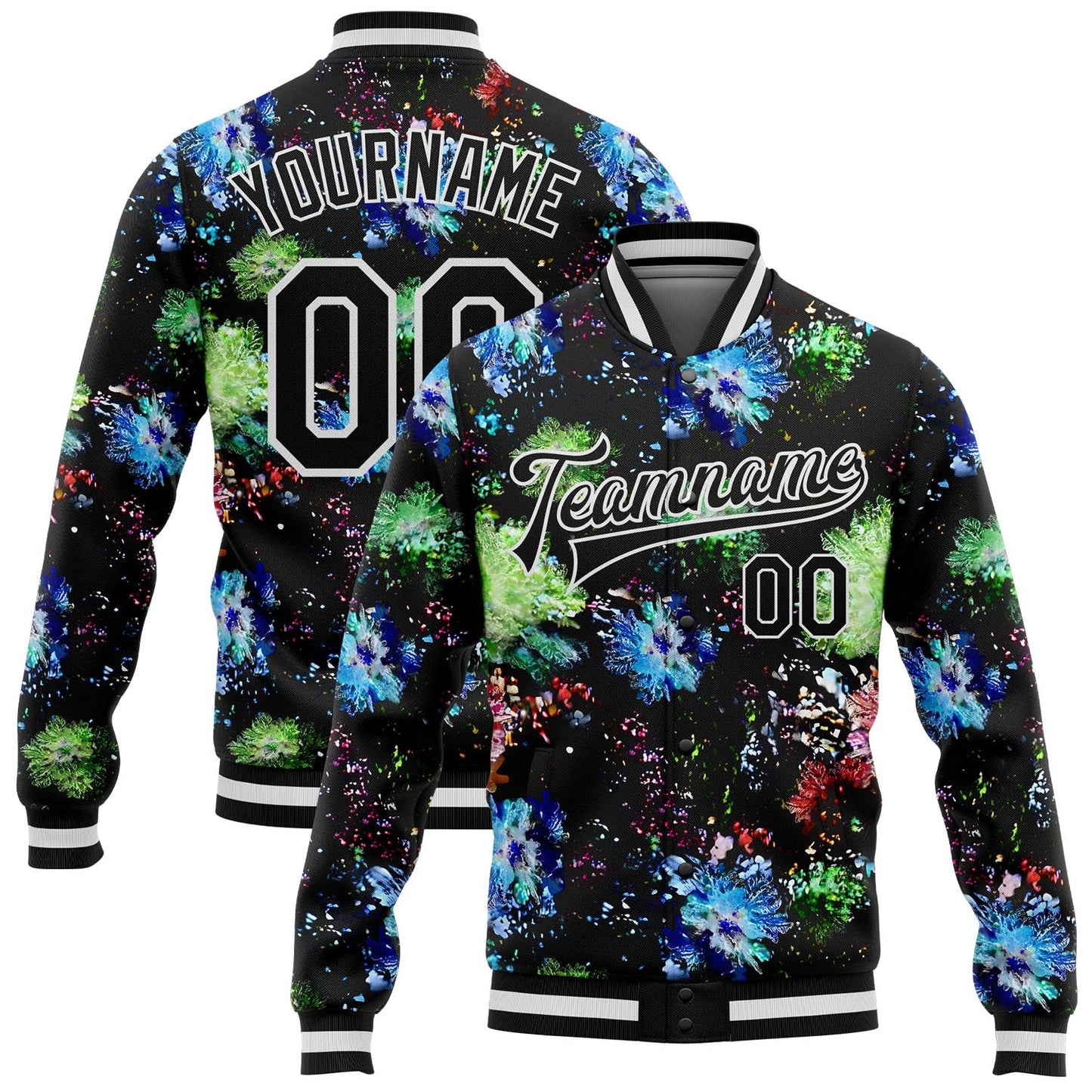 Custom Black White Glitter Bloom 3D Pattern Design Bomber Full-Snap Varsity Letterman Jacket - Main View