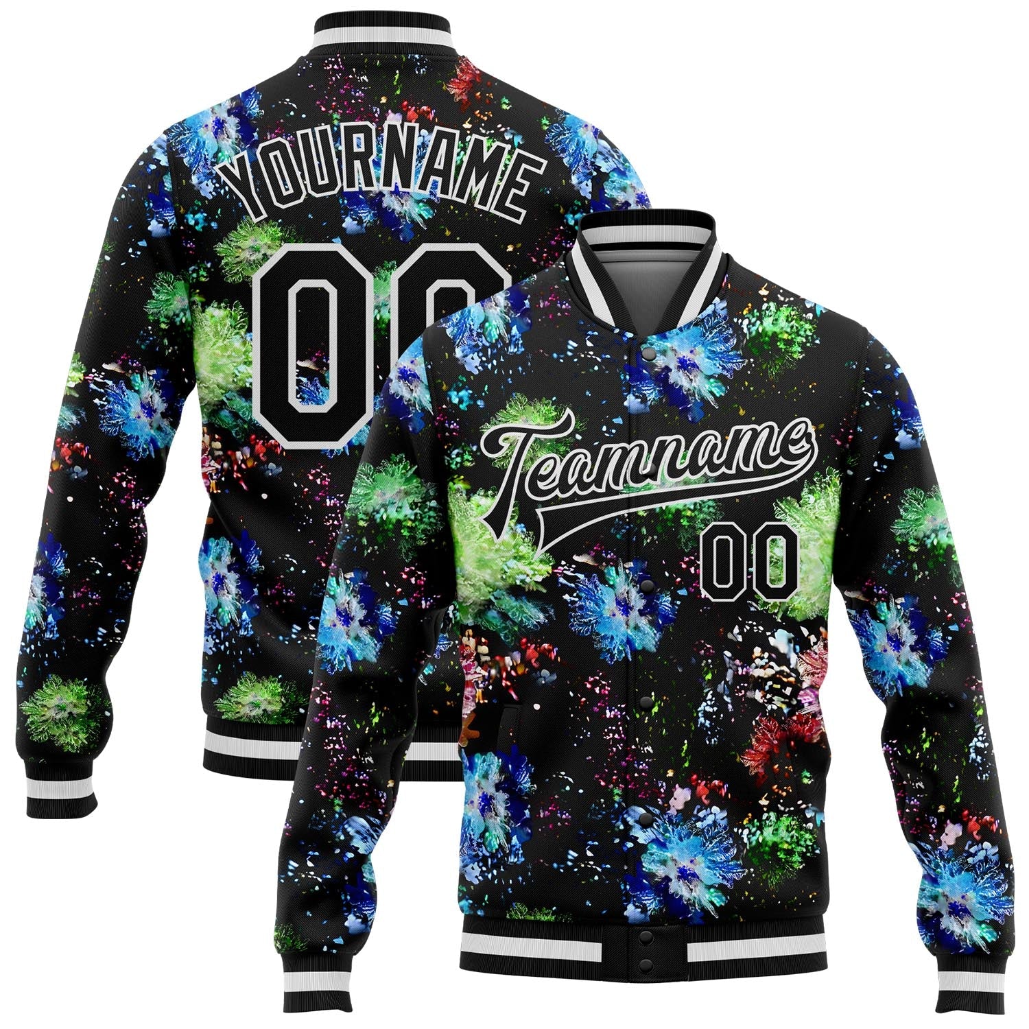 Custom Black White Glitter Bloom 3D Pattern Design Bomber Full-Snap Varsity Letterman Jacket - Main View
