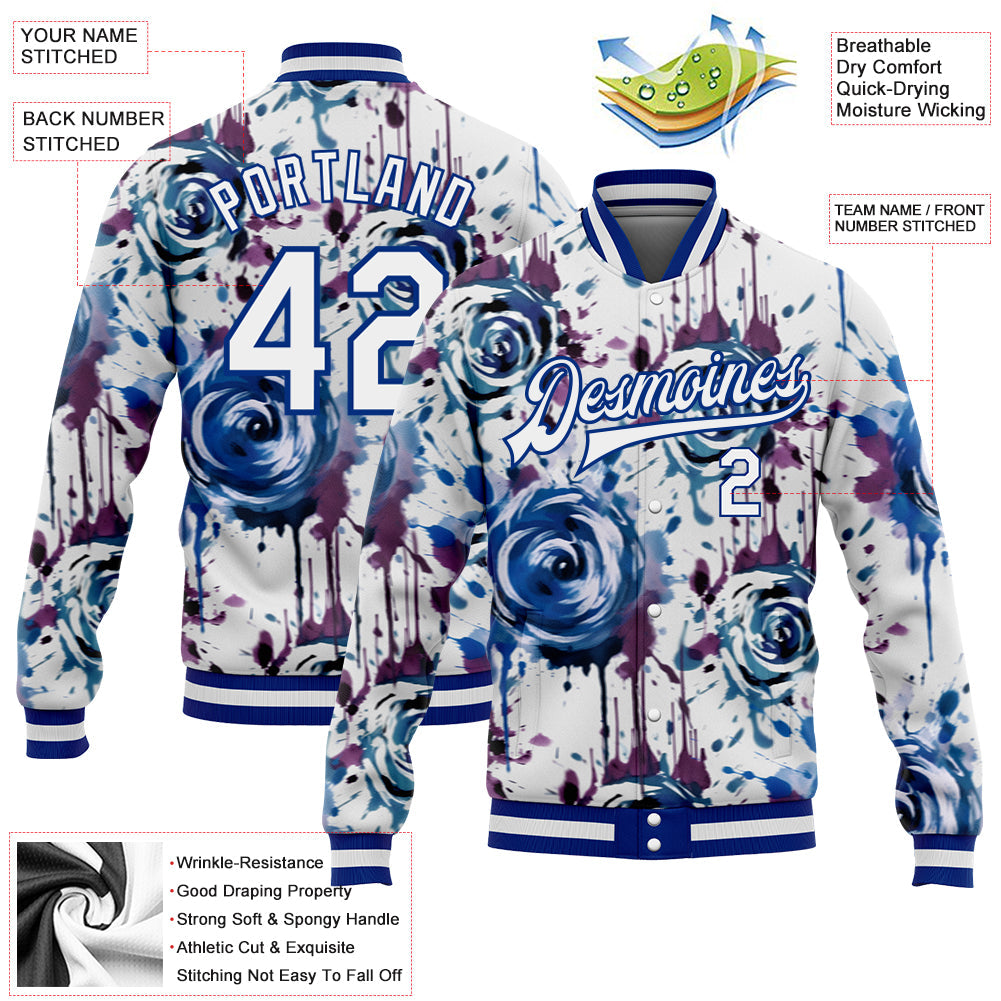 Custom White Royal Drip Painting Rose 3D Pattern Design Bomber Full-Snap Varsity Letterman Jacket view 5