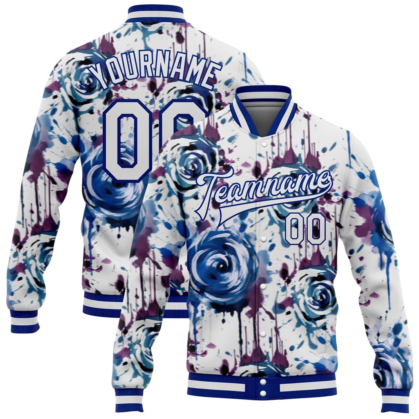 Custom White Royal Drip Painting Rose 3D Pattern Design Bomber Full-Snap Varsity Letterman Jacket - Main View
