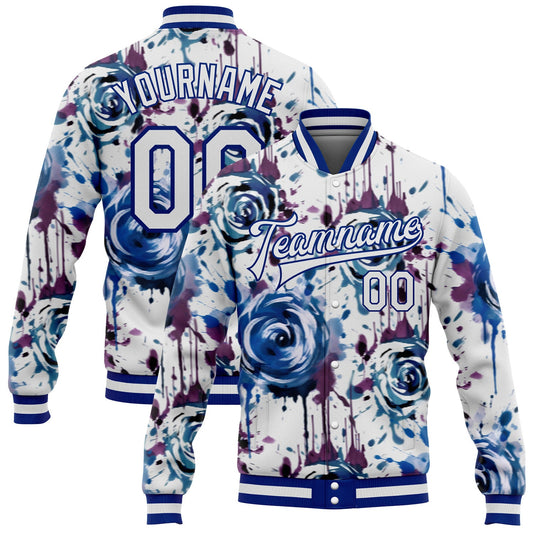 Custom White Royal Drip Painting Rose 3D Pattern Design Bomber Full-Snap Varsity Letterman Jacket - Main View