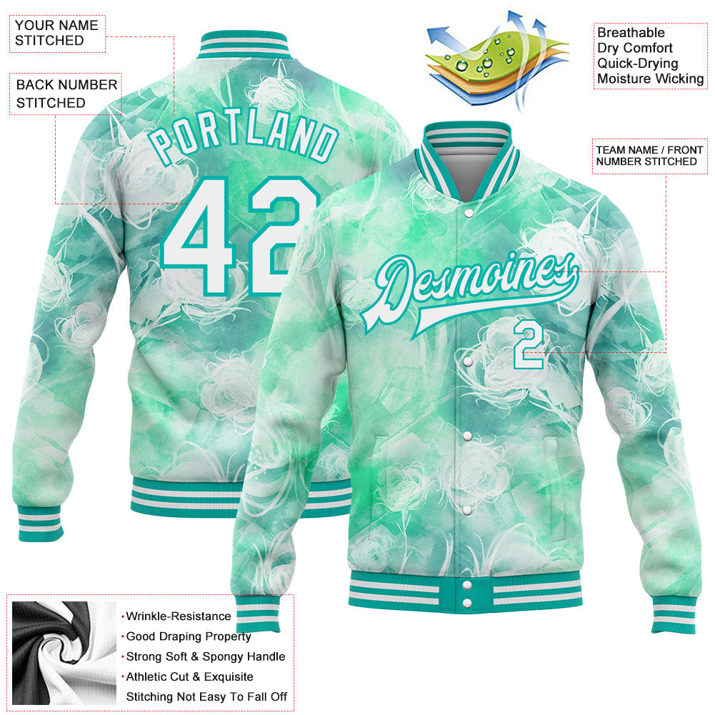 Custom Aqua White Halo Dying Rose 3D Pattern Design Bomber Full-Snap Varsity Letterman Jacket view 5