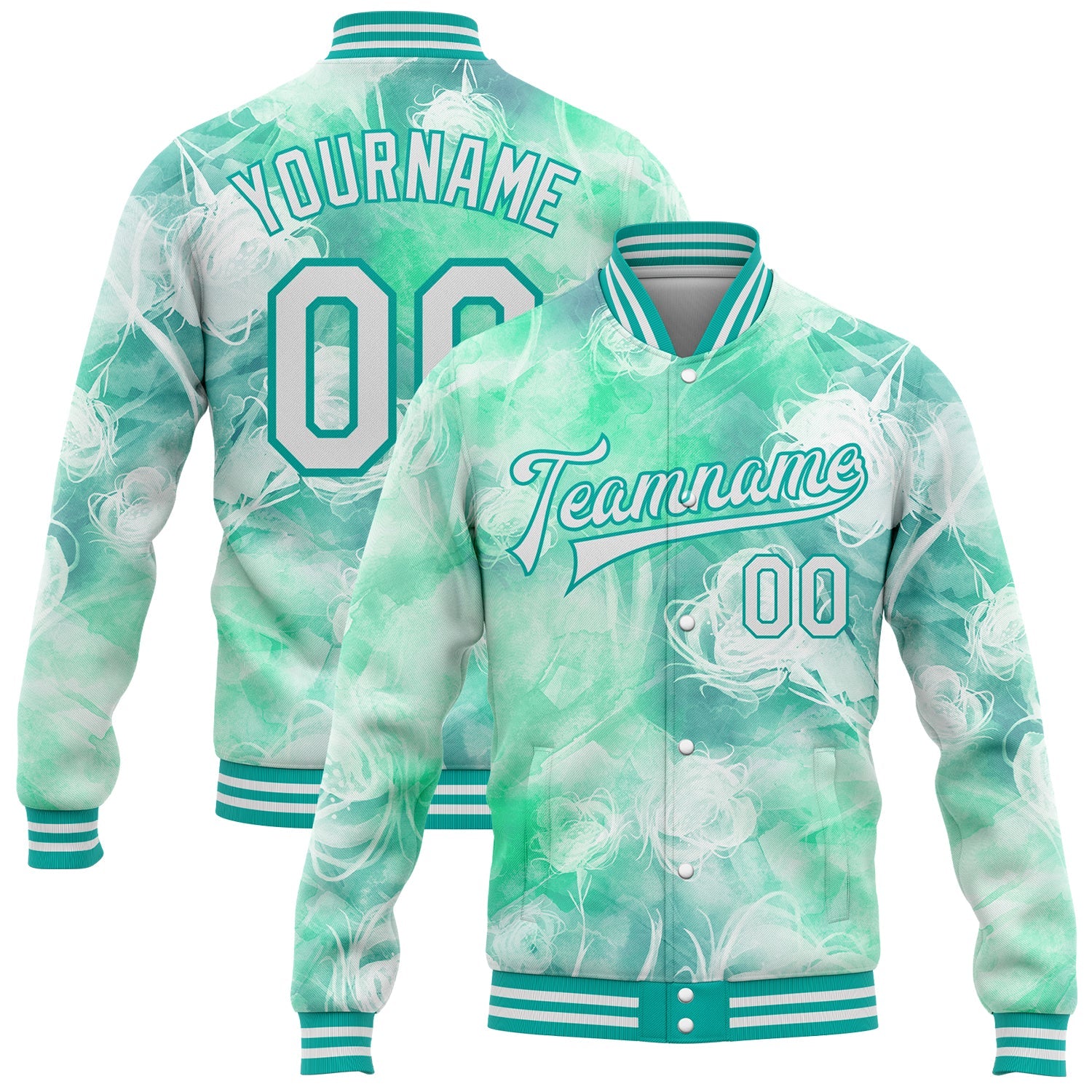 Custom Aqua White Halo Dying Rose 3D Pattern Design Bomber Full-Snap Varsity Letterman Jacket - Main View
